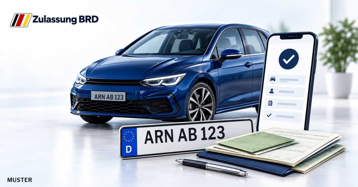Online Fahrzeugzulassung in Arnstadt: Musterkennzeichen ARN AB 123, Auto und Fahrzeugpapiere und Smartphone. Illustration mit Logo von Zulassung BRD.